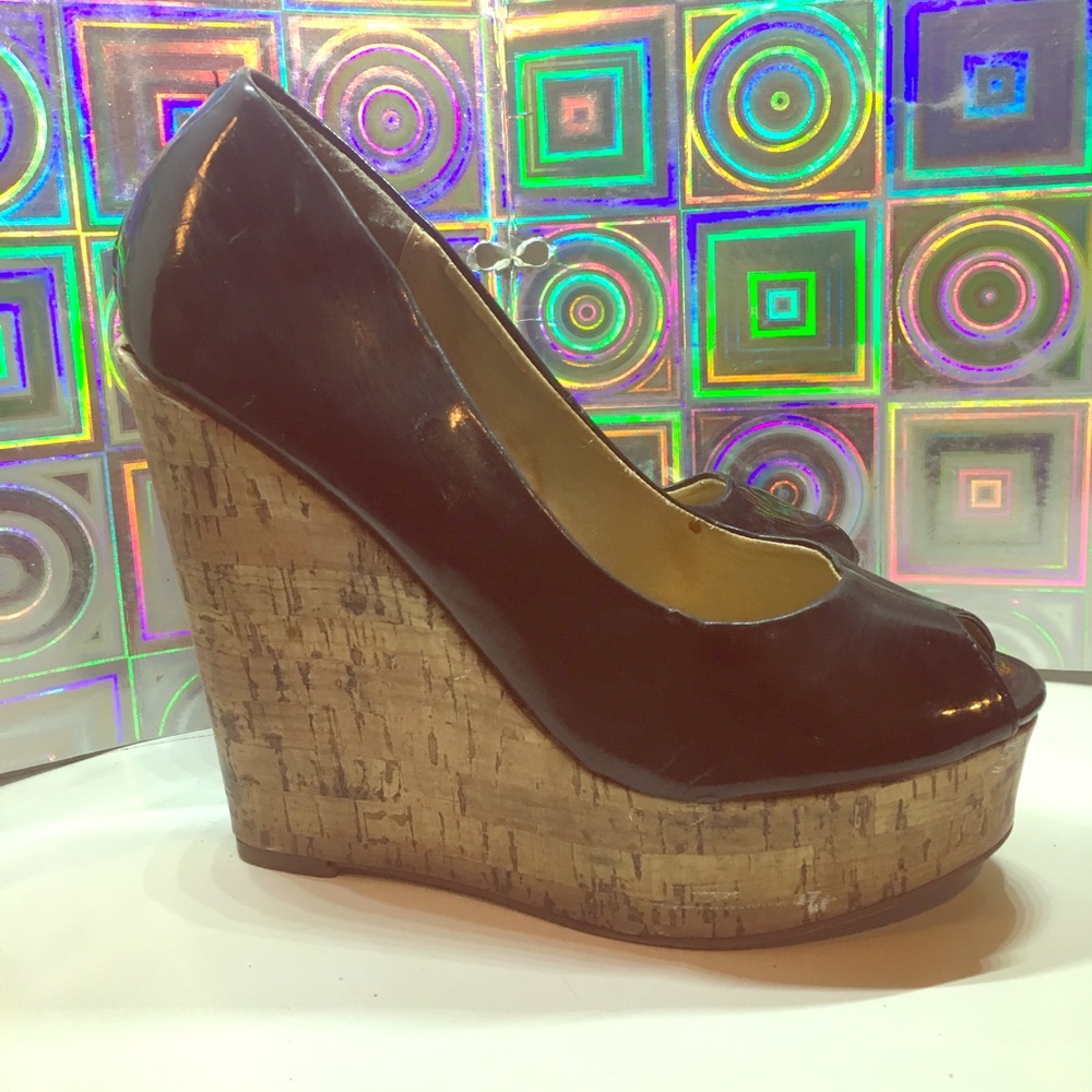 Black Patent Peep-toe Wedges, Size 9